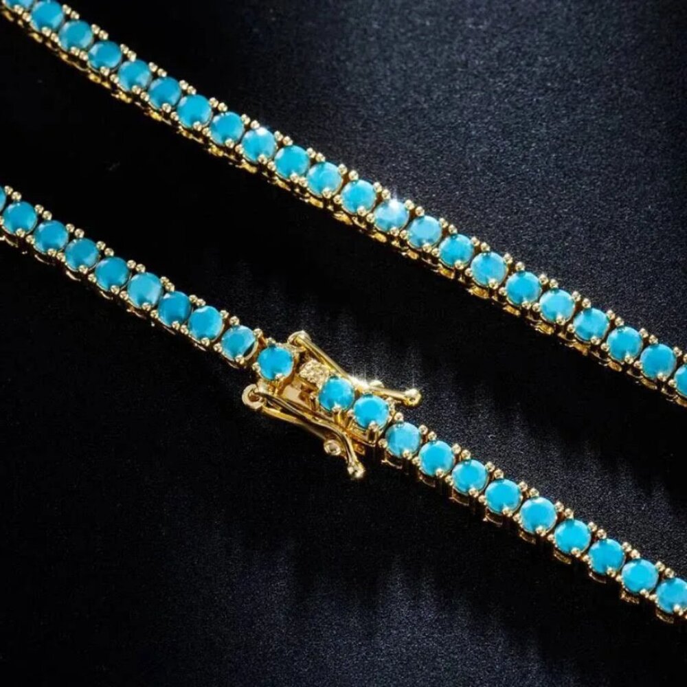 14K Gold Womens 16" Natural Turquoise Gemstone Tennis Necklace Ladies Jewelry - Picture 8 of 10